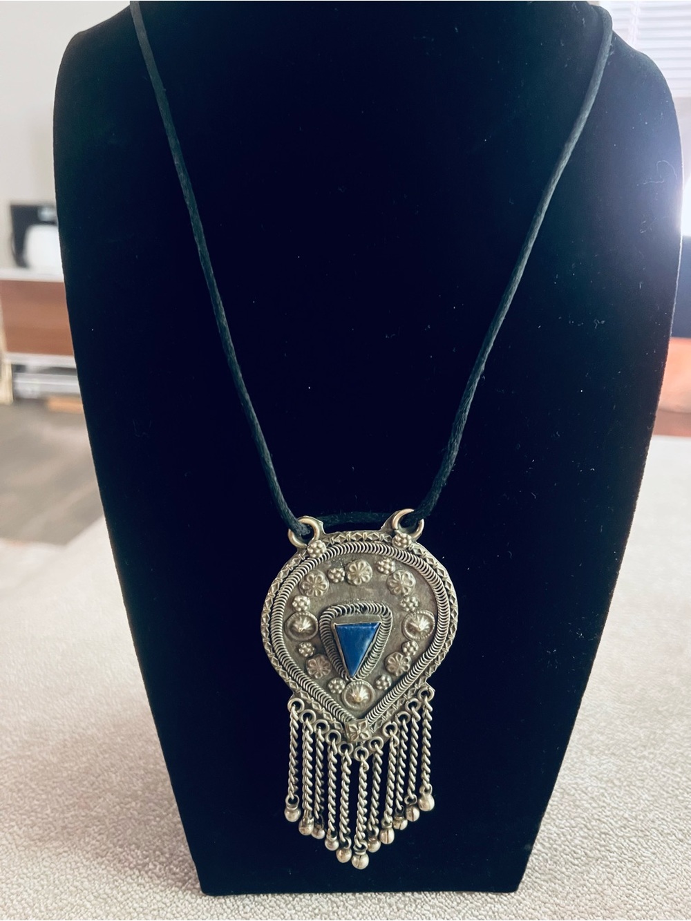 Bohemian Silver-Tone Pendant Necklace with Blue Stone and Fringe